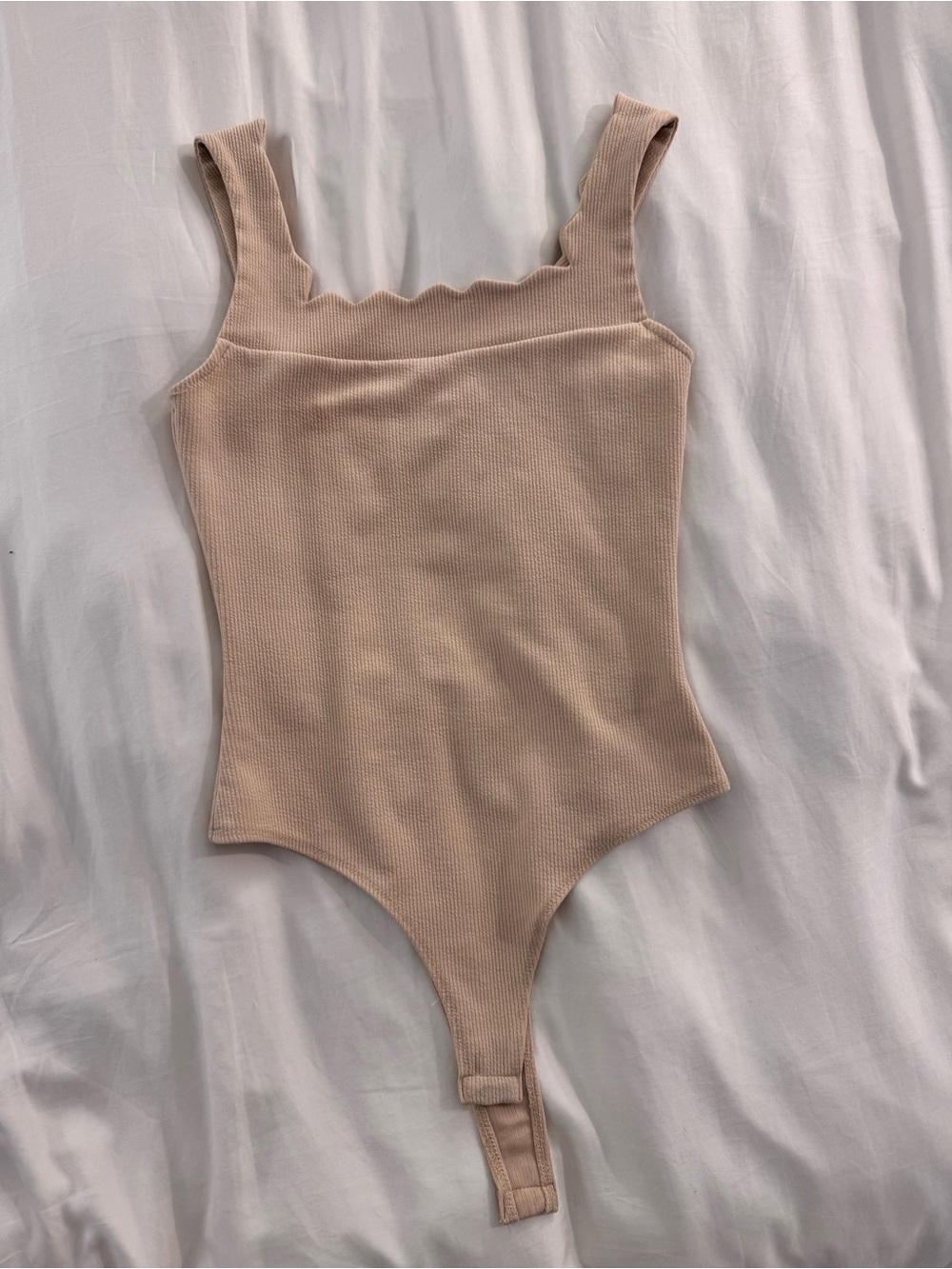 TCEC Beige Ribbed Scallop-Edge One-Piece Bodysuit